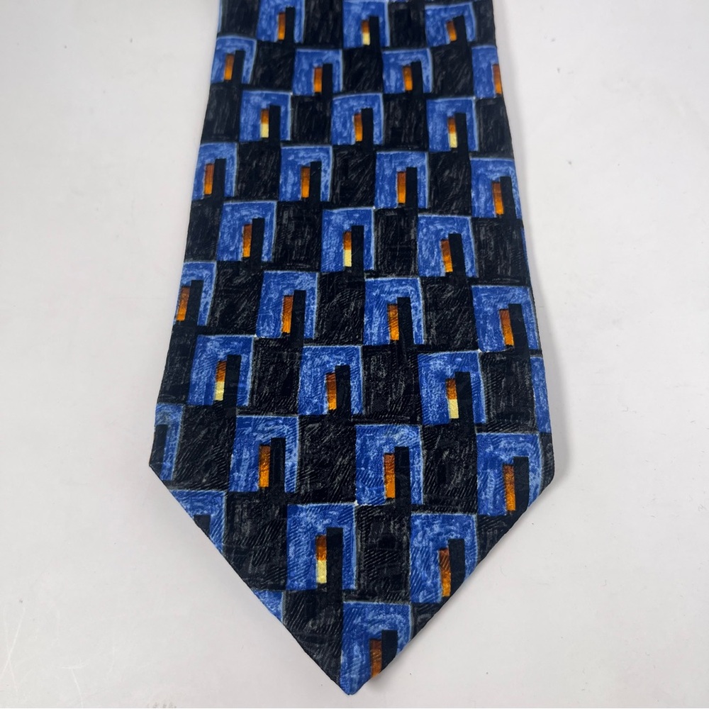 Ermenegildo Zegna Men’s‎ Silk Neck Tie Blue & Black with Orange Abstract Accents